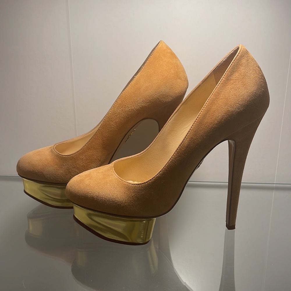 [Charlotte Olympia] Dolly Suede Pumps in Blush and Gold (Sz 37.5)